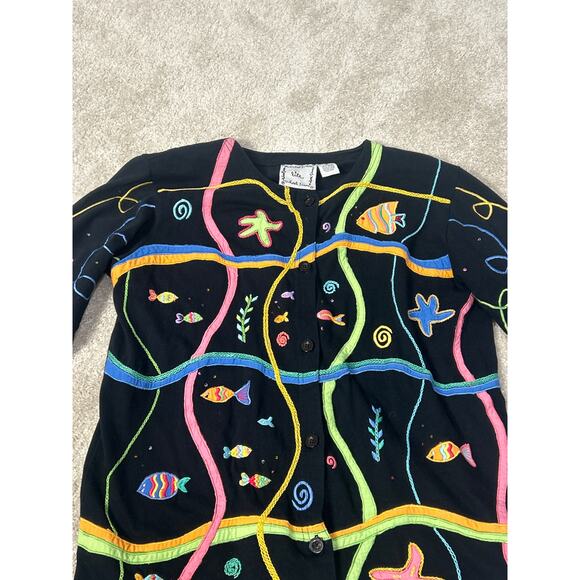 Michael Simon Lite Black Button Down  Top Size Small Fishes Whimsical Novelty - Picture 3 of 6